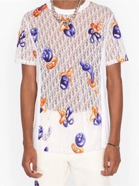 Designer White Mesh Graphic Tee with Blue & Orange Motifs